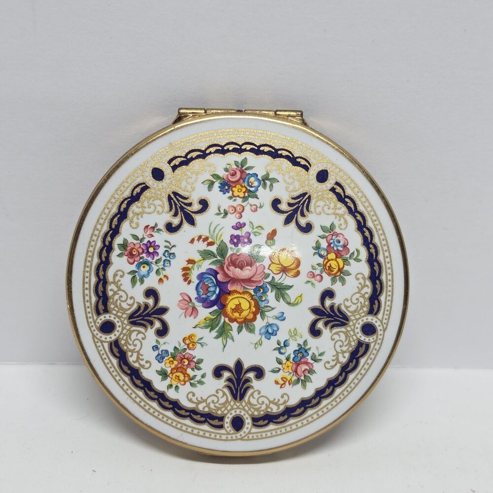 Vintage Stratton England Compact Scalloped Edge Floral Multi-color Enamel Mirror